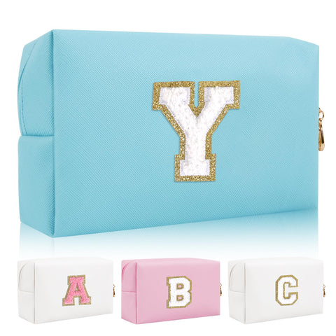 Personalized Initial Letter Patch Makeup Bag, Preppy Chenille Letter Cosmetic Pouch with Zipper, Blue/White-Letter, Y, Fashion