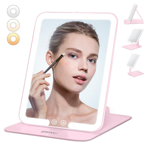 ESWU Travel Makeup Mirror with Light, Portable Folding Make Up Tabletop Mirror with 58 LEDs 3 Colors Light Modes Rechargable Compact Vanity Mirror with Adjustable Stand, Pink
