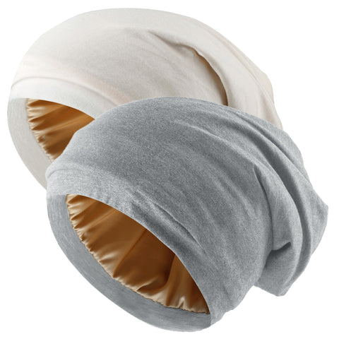 2 Pcs Silk Bonnet Satin Lined Hair Bonnet for Women Sleep Cap, Adjustable Curly Hair Head Scarf Night Caps, Grey+khaki, Medium