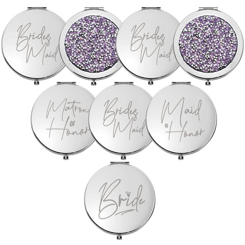 8 Pieces Bridesmaid Mirrors Bride Bridesmaid Gifts Magnifying Compact Mirror Wedding Compact Cosmetic Mirror Handheld Pocket Makeup Mirror for Bridal Shower Gifts Wedding Travel (Silver, Light Purple)