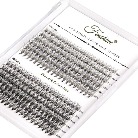 Fenshine Cluster Eyelash Extensions 240pcs Mixed Lengths (9-14mm), 10D/20D Curl, Soft, Comfortable, Black PBT Fibre, False Eyelashes