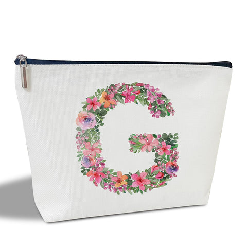 Initial Letter G Gifts for Women Mom Friend Besties Sister, Flower Monogrammed Makeup Bag, Cosmetic Travel Bag with Zipper for Mother's Day Wedding Graduation, Bride Bridesmaid Pouch Toiletry Bag - 07, White