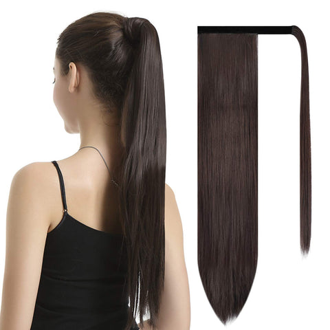 BARSDAR 26" Long Straight Wrap Around Synthetic Ponytail Clip in Hair Extensions One Piece Hairpiece Binding Pony Tail Extension for Women Lady Girl (4# Dark Brown)