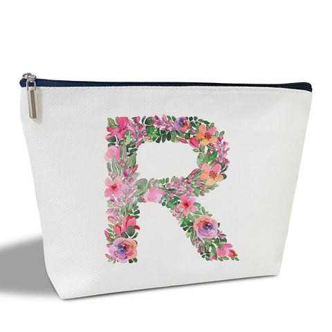 Initial Letter R Gifts for Women Mom Friend Besties Sister, Flower Monogrammed Makeup Bag, Cosmetic Travel Bag with Zipper for Mother's Day Wedding Graduation, Bride Bridesmaid Pouch Toiletry Bag - 18, White