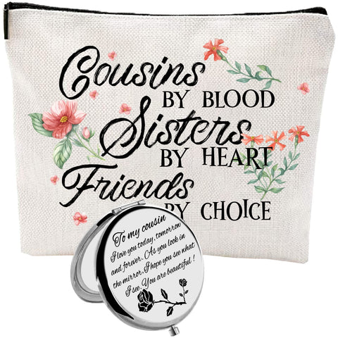 HnoonZ Cousin Gifts: Zipper Makeup Bag & Travel Toiletry Pouch with Mini Mirror - Perfect for Christmas or Birthday, White, Silver, Large, Cousin Gifts for Women