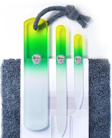 Genuine Czech Glass Nail File Set - Two-Sided Different Grit Surface, Callus Remover Foot Rasp, Manicure & Pedicure, Professional Nail Care, Wet & Dry Use, Cotton Towel, EU Quality (Lemon Green)