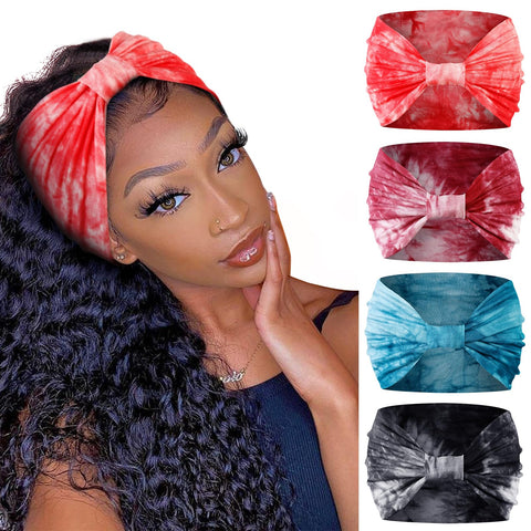 Huachi Tie Dye Headbands for Women, 4 Pack Wide Headbands in Boho Style, Non Slip Hairbands for Workout, Yoga, Running, Hair Accessories for Girls, Women's Hair Turban, African Knotted Head Wraps