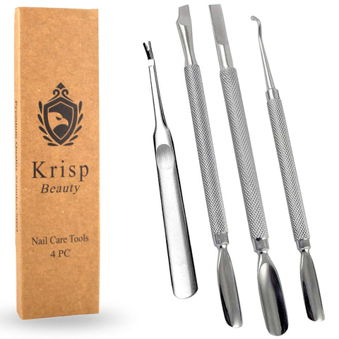 Cuticle Pusher Dual Sided - Sharp Edge Spoon Shaped Double Ended Ingrown Toenail Lifter Remover Trimmer Surgical Medical Grade Stainless Steel Manicure Pedicure Nail Art Care Tools (4 Pc Set) By Krisp