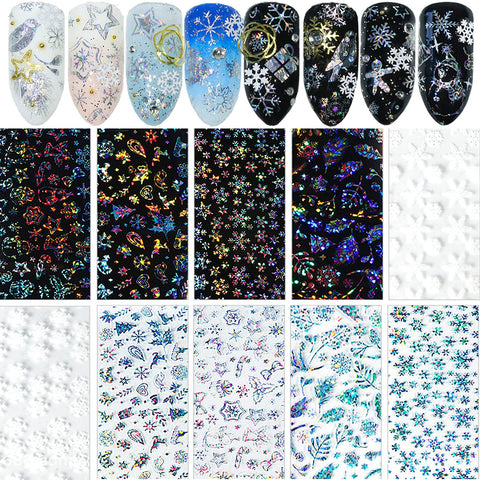 Christmas Nail Art Foils Transfer Stickers Winter Nail Foil Decals Adhesive Acrylic Nails Design Supplies Holographic Laser Starry Sky Xmas Nail Art Stickers Holiday Manicure Tips Charms (10 Sheets)