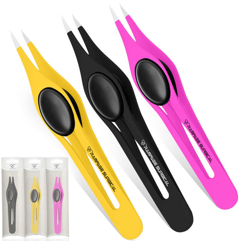 Professional Eyebrow Tweezers Pointed Tip Stainless Steel 2,3xPcs Set, Non-Slip Grip Fine Point Tweezers for Facial Hair, Plucking Removing Ingrown Hairs, Tweezer for Women Men (Black&Pink&Yellow)