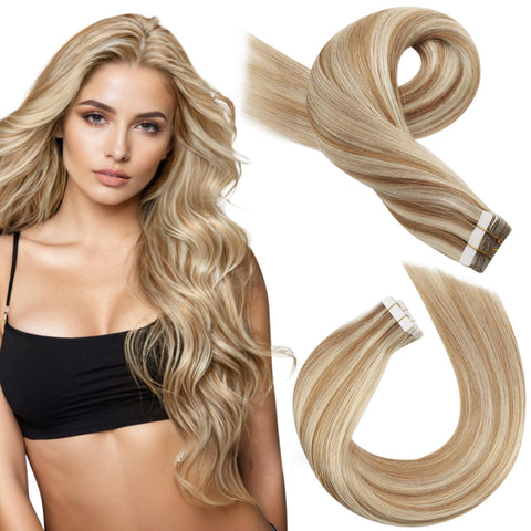 Moresoo Glue in Human Hair Extensions Full Head 14inch Tape Hair Extensions Remy Human Hair PU Tape in Hair Extensions Seamless Human Hair Color #6 Brown Highlighted with #60 Blonde 20PCS 50G