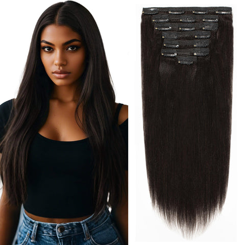 Lacerhair Real Remy Human Light Yaki Hair Clip in Hair Extensions Kinky Straight Natural Black Color For American African Double Weft Full Head Relaxd Hair 120G 7Pieces 10-22 inch (18 inch, Yaki #1B)