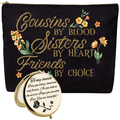 Cousin Gifts for Women,Birthday Gifts for Cousin Female,Gift for Cousin Female,Favorite Cousin Gifts for Women,Cousin Bday Gifts,Best Cousin Gifts for Women,Best Cousins Makeup Bag,Cousin Mirror, Black, Gold, Large, Cousin Makeup Bag and Cousin Mirror