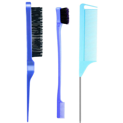 3 Pieces Teasing Brush Set Bristle Hair Brush 3 Row Teasing Brush Dual Edge Brush Sturdy Styling Comb Parting Comb for Brushing, Combing, Slicking Hair for Stylist Women (Blue)