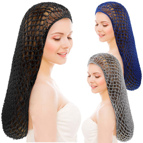 Waydress 3 Pcs Mesh Crochet Hair Nets Rayon Knit Snood Hat Cover 20 Inch Crocheted Sleeping Cap for Women Long Curly Hair, Black, Gray, Sapphire, Medium-Large