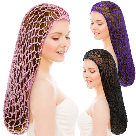 Waydress 3 Pcs Mesh Crochet Hair Net Rayon Knit Snood Hat Cover 20 Inch Crocheted Sleeping Cap for Women Long Hair Curly Hair, Black, Pink, Purple, Medium-Large