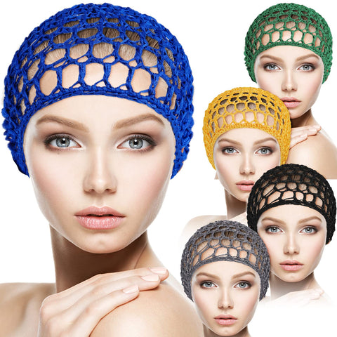 5Pcs Rayon Crocheted Mesh Hair Caps - Thick Snood Hats for Women, Black,blue,gray,yellow,green, 5 Count (Pack of 1)