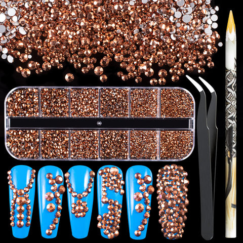 3600pcs Rose Gold Round Rhinestones 1.8-4mm Flatback for Manicure, 6 Multi Sizes Nail Art Shine Crystal Gem Diamond Bling Set with Tweezer and Pickup Pencil