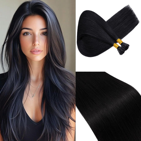 100 Strands/Pack I Tip Remy Human Hair Extensions Pre Bonded Keratin Stick In Hair Extensions Cold Fusion Hair Piece For Women Long Straight #1 Jet Black 22' 50g