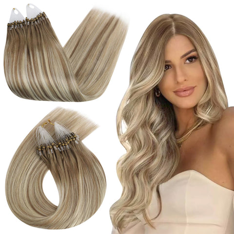 Ugeat 16 Inch 50Gram Micro Rings Hair Extensions Human Balayage Color Golden Brown with Platinum Blonde Micro Loop Extensions Straight: 16inch, 9A/60/9A