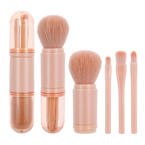 Molain Small Makeup Brush Set 4 in 1 Portable Travel Lip Brush, Highlight Brush, Eyeshadow Brush, Foundation Blending Powder Brush Retractable Mini Facial Cosmetic Makeup Brush Set (Pink)