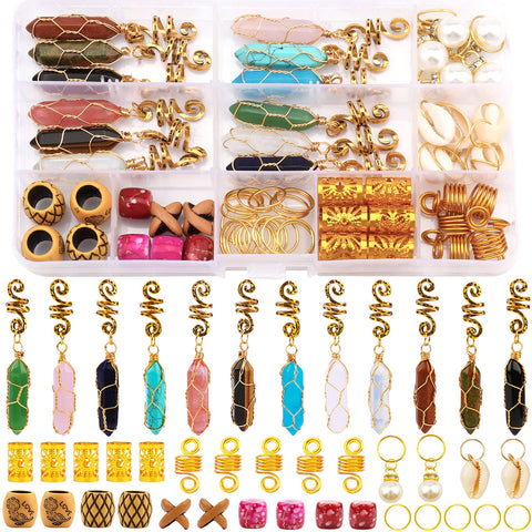 Messen 69 PCS Dreadlocks Jewelry Handemade Crystal Wire Wrapped Braids Hair Accessories Imitation Wood Beads Aluminum Hair Cuffs Hair Coils Hair Rings Pearl Hair Pendants for Hair Decoration (Gold)