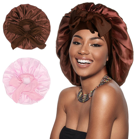 Arqumi Pack of 2 Satin Sleeping Bonnet, Large Satin Sleep Bonnet with Long Strap, Adjustable Sleep Cap Hair Bonnet for Women & Men, Pink+Brown