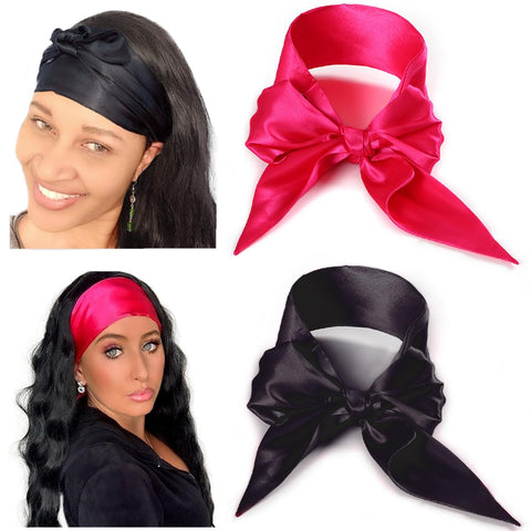 Leeven 2 Pcs Wig Grip Band Silky Satin Edge Scarves For Women Satin Wrapping Laying Scarf for Lace Wigs Non Slip Hair Wrap Headband For Makeup Facial Sport Yoga 4.5"x54" 1 pcs pink+1Pcs black