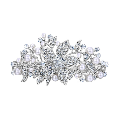 EVER FAITH Austrian Crystal Bridal Hibiscus Cream Simulated Pearl Hair Clip Barrette Clear Silver-Tone