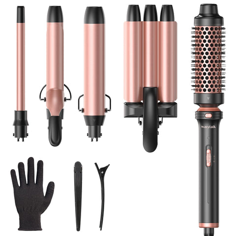 Wavytalk 5 in 1 Curling Wand Set, Dual Voltage Curling Iron with 5 Interchangeable Barrels Included A Thermal Brush, A Hair Waver and 3 Ceramic Curling Wands(0.5"-1.25"), Rose Pink.