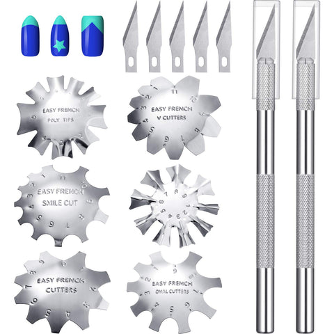 6 Pieces French Nail Trimmer Stainless Steel French Tip Cutters Smile Line Cutter Edge Manicure DIY Plate Module with 2 Handles French Tip Cutting Knife and 5 Spare Blades for Acrylic Nails (Silver)