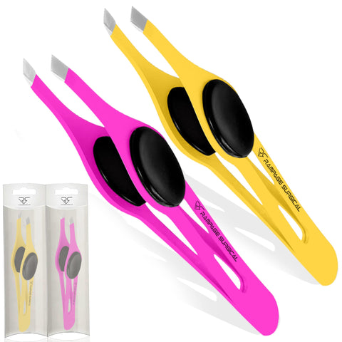 Professional Eyebrow Tweezers Slanted Tip Stainless Steel 2xPcs Set, Non-Slip Grip Slant Tip Tweezers for Facial Hair, Plucking Removing Ingrown Hairs, Tweezer for Women Men