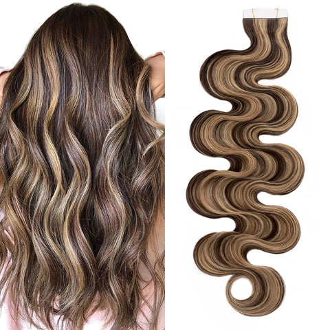 SEGO 22 Inch Tape In Hair Extensions 20pcs 50g /Medium Brown&Dark Blonde-Body Wave/ Ombre 100% Remy Human Hair Balayage Rooted Hair Invisible Seamless Skin Weft Double Side Tape for Women