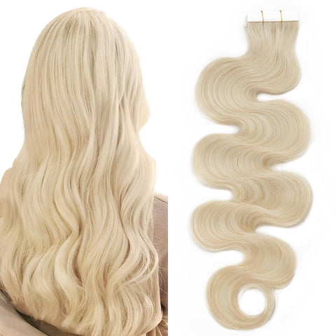 SEGO Tape in Hair Extensions Wavy 20 Inch Natural 100% Remy Human Hair Real Seamless Skin Weft Invisible Rooted Double Sided Tape Hair for Women 20pcs 50g -White Blonde-Body Wave