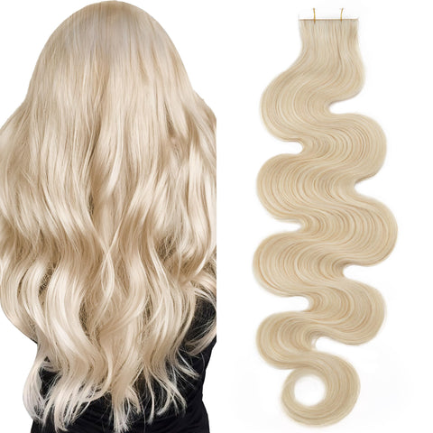 SEGO 16 Inch Tape In Hair Extensions 20pcs 50g /Platinum Blonde-Body Wave/ Ombre 100% Remy Human Hair Balayage Rooted Hair Invisible Seamless Skin Weft Double Side Tape for Women