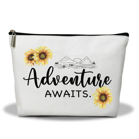 Makeup Bag, Sunflower Travel Makeup Organizer Bag, Adventure Awaits, Portable Toiletry Makeup Pouch, Storage Makeup Zipper Bag, Graduation Gifts for Women Sister Friend Girl Mom -01, White