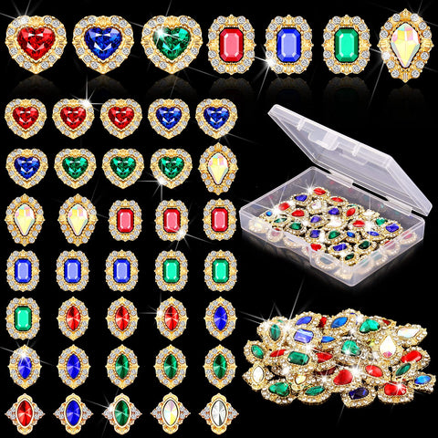 35 Pieces 3D Luxury Nail Art Nail Gems Nail Crystals Gold Nail Diamonds Rhinestones Metal Alloy Glass Rhinestones Nail Charms with Storage Box for Nail Decor DIY Craft Jewelry Making (Classic Style)