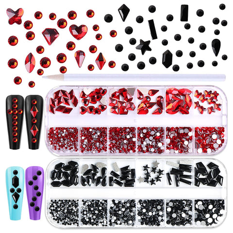 WOKOTO 2 Box Flat Back Red And Black Rhinestones Nail Crystals For Nails Red Nail Rhinestones And Gems Red Crystals For Nails Black Nail Rhinestones For Nail Art Charms Nail Jewels Black Diamonds
