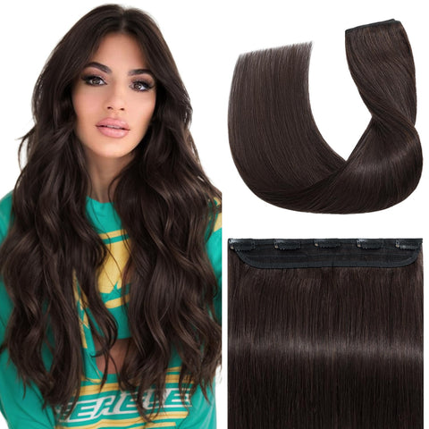 S-noilite 16inch Clip in Human Hair Extensions One Piece 5 Clips 3/4 Full Head Soft Silky Clip on Remy Hair For Women Gift 45g #2 Dark Brown