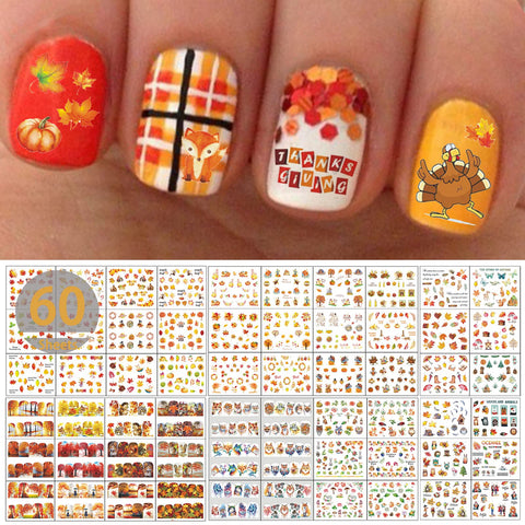 TailaiMei 60 Sheets Fall Nail Art Stickers Decals, Thanksgiving Water Transfer Autumn Nail Decorations, Design for Maple Leaves Pumpkin Turkey(1178 Pcs)