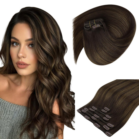 14, 2/2/6 : Sunny 14inch Clip in Extensions Human Hair Full Head Highlight Chestnut Brown mixed Dark Brown Balayage Remy Clip in Hair Extensions Double Weft 7pcs 120g Per Pack