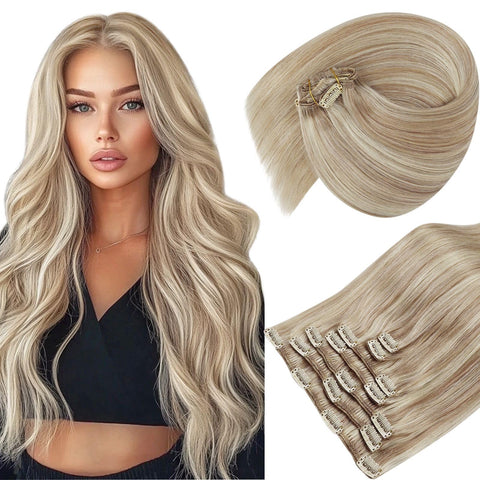 Sunny Blonde Clip in Hair Extensions 14inch Blonde Extensions Clip in Human Hair Highlights Ash Blonde Mix Bleach Blonde Double Weft Remy Hair Extensions Real Human Hair 120g 7pcs