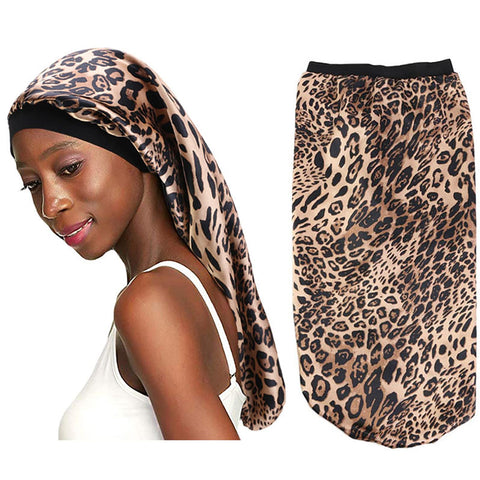 Long Satin Bonnet, Doublelayers-leopard, X-Large