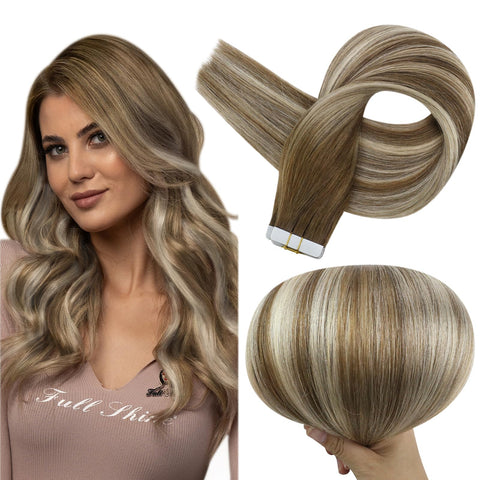 Full Shine Balayage Tape in Hair Extensions Human Hair Extensions 14 Inch Invisible PU Tape in Hair #6 Chestnut Brown Ombre to #60 Platinum Blonde Highlight #6 Seamless Skin Weft Extension 50g/20pcs