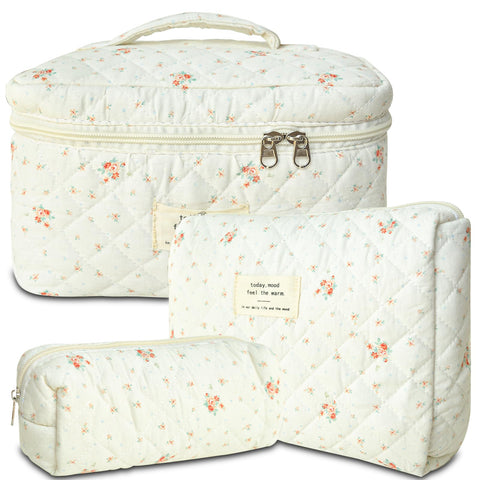 GISMTR 3Pcs Cotton Quilted Makeup Bag Large Travel Cosmetic Bag Coquette Makeup Pouch Cute Aesthetic Floral Toiletry Bag for Women Girls, flower-G