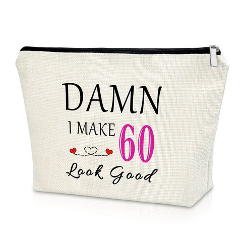 Sazuwu 60th Birthday Gifts for Mom Makeup Bag Turning 60 Born in 1964 Gifts, Beige