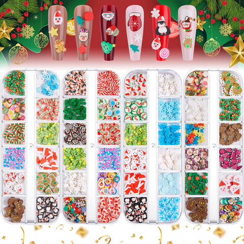 48 Grids Christmas Nail Art Slices, Lorvain 3D Xmas Nail Flakes Charms Nail Sequins Heart Star Snowflake Santa Claus Flake Nail Art Slime Glitters for Women Girls DIY Nail Face Body Decoration (4 Box)