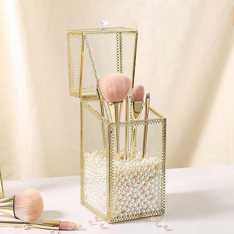 HKS Makeup Brush Holder with Dustproof Lid - Large Capacity Vintage Glass Organizer with White Pearls for Nail Brush, Vanity, Bathroom, Dresser, Countertop - Gold