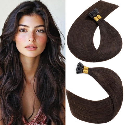 S-noilite Pre bonded I Tip Human Hair Extensions Fusion Stick Tip Remy Human Hair Piece Invisible Keratin Glue in Hair Extensions Full Head 100 Strands 50g 16 Inch (#02 Dark Brown)