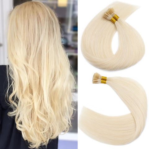S-noilite Pre bonded I Tip Hair Extensions Human Hair Cold Fusion Stick Tip Real Human Hair Piece Invisible Keratin Glue Hair Extensions Full Head 100 Strands 50g 16 Inch (#60 Platinum Blonde)